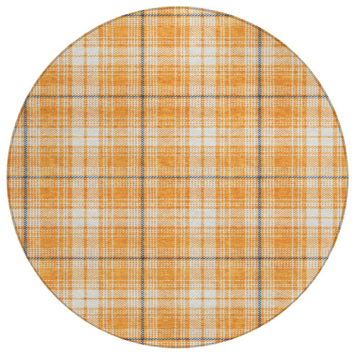 8' Orange Blue And Ivory Round Plaid Washable Indoor Outdoor Area Rug