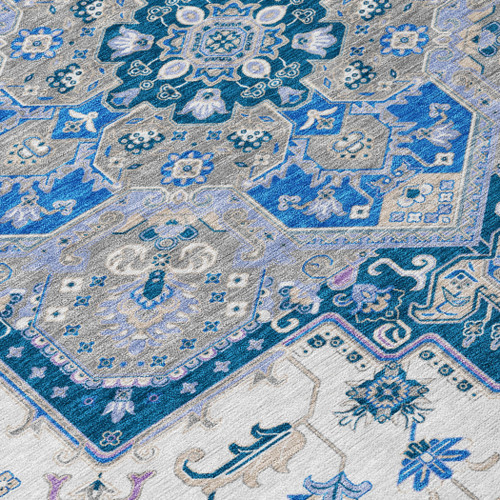 8' Blue Gray And Ivory Round Oriental Washable Indoor Outdoor Area Rug