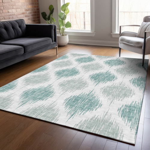 9' X 12' Aqua Teal Blue And Ivory Ikat Washable Indoor Outdoor Area Rug