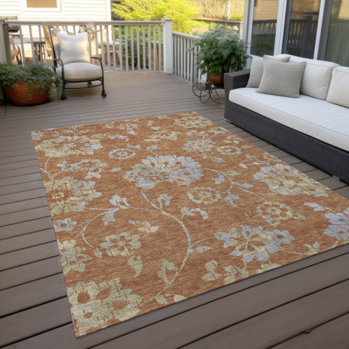 9' X 12' Orange Copper And Gray Floral Washable Indoor Outdoor Area Rug