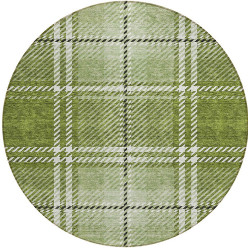 8' Green Black And Ivory Round Plaid Washable Indoor Outdoor Area Rug