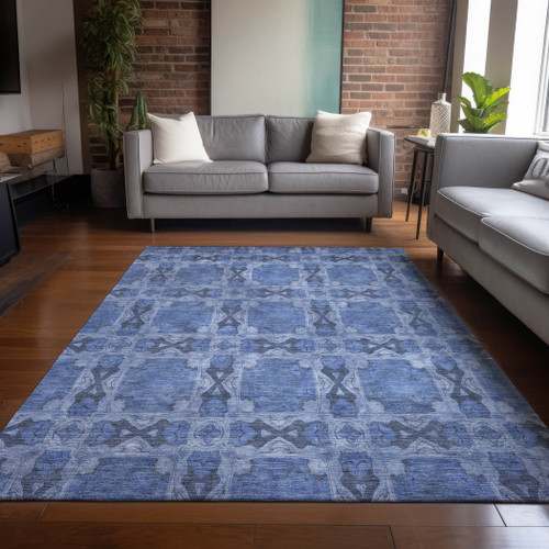 9' X 12' Denim Blue and Gray Floral Medallion Washable Non Skid Indoor Outdoor Area Rug