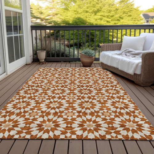 8' X 10' Orange Beige And Copper Floral Medallion Washable Indoor Outdoor Area Rug