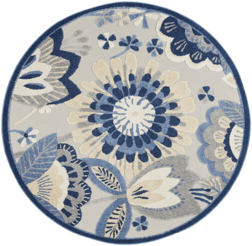 5' Round Blue And Gray Round Floral Indoor Outdoor Area Rug - 
