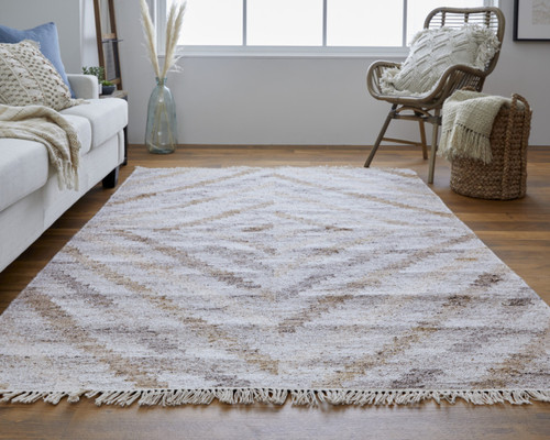 5' X 8' Gray and Ivory Geometric Hand Woven Area Rug With Fringe - 512429