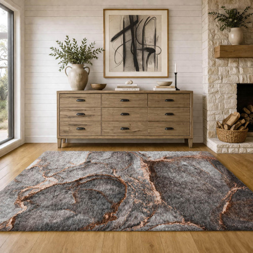 5' X 8' Peach And Gray Abstract Shag Washable Area Rug With UV Protection