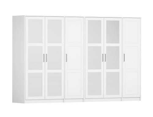 72" White Solid Wood Mirrored Six Door Combo Dresser