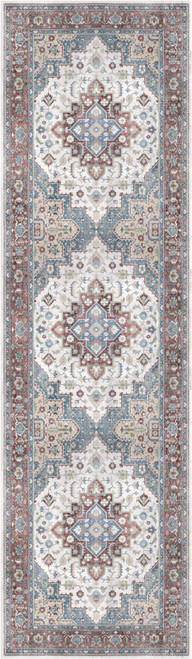 8' Ivory Red and Blue Medallion Distressed Non Skid Runner Rug
