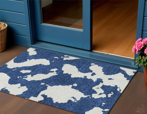 3' X 5' Navy Blue And Ivory Abstract Washable Indoor Outdoor Area Rug