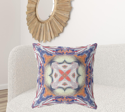 28" X 28" Blue And White Blown Seam Geometric Indoor Outdoor Throw Pillow