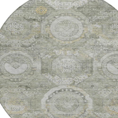 8' Pewter And Gold Round Medallion Washable Indoor Outdoor Area Rug