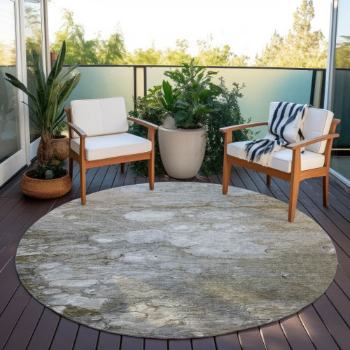 8' Taupe Round Abstract Washable Indoor Outdoor Area Rug