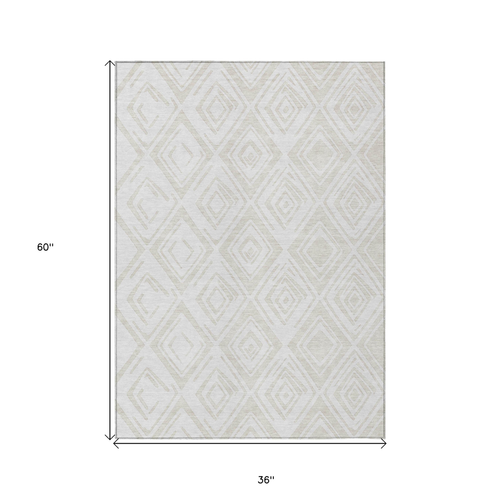 3' X 5' Pearl And Ivory Geometric Washable Indoor Outdoor Area Rug
