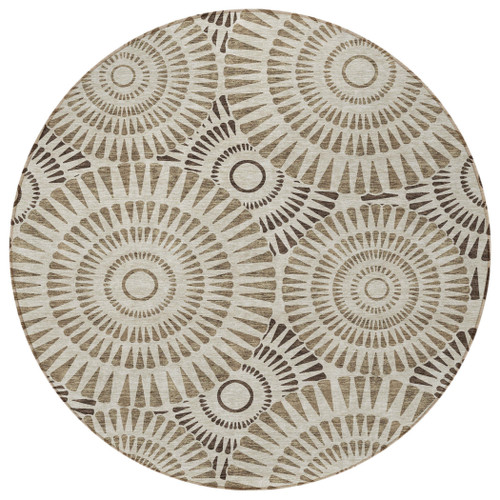 8' Brown And Beige Round Geometric Washable Indoor Outdoor Area Rug