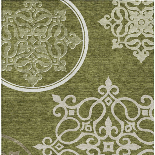 10' X 14' Olive Green Floral Medallion Washable Indoor Outdoor Area Rug