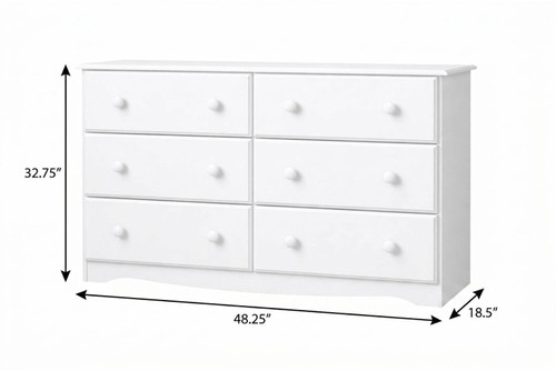 48" White Solid Wood Six Drawer Dresser