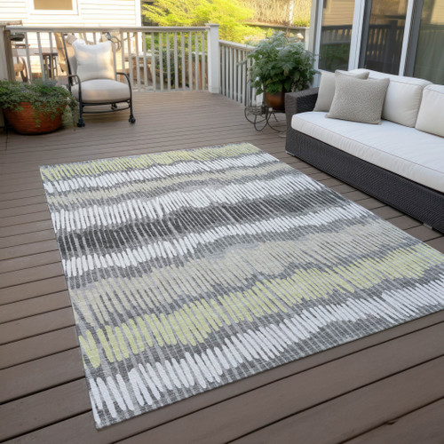 5' X 8' Gray Light Green And Ivory Striped Washable Indoor Outdoor Area Rug