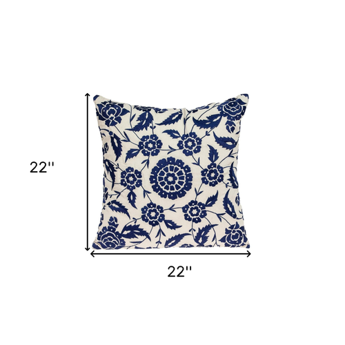 22" Beige and Indigo Floral Cotton Throw Pillow With Embroidery