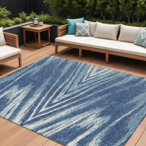 10' X 14' Blue And Ivory Abstract Washable Indoor Outdoor Area Rug