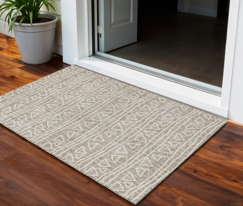 3' X 5' Taupe And Beige Geometric Washable Indoor Outdoor Area Rug