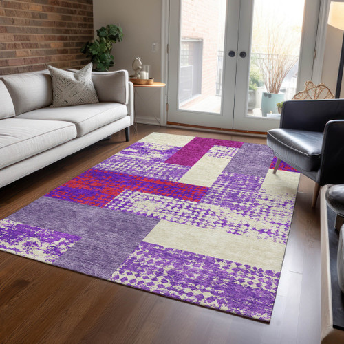 5' X 8' Lavender Ivory And Red Geometric Washable Indoor Outdoor Area Rug