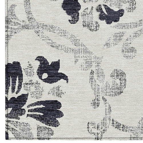 10' X 14' Black Silver And Charcoal Floral Washable Indoor Outdoor Area Rug