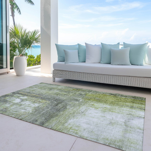 3' X 5' Artichoke Green Ivory And Gray Abstract Washable Indoor Outdoor Area Rug