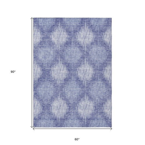 5' X 8' Denim Blue And Sky Blue Ikat Washable Indoor Outdoor Area Rug