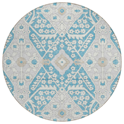 8' Teal Blue Gray And Beige Round Floral Washable Indoor Outdoor Area Rug