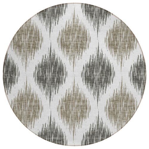 8' Taupe Ivory And Brown Round Ikat Washable Indoor Outdoor Area Rug