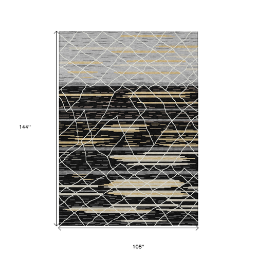 9' X 12' Black Gray And Ivory Striped Washable Indoor Outdoor Area Rug