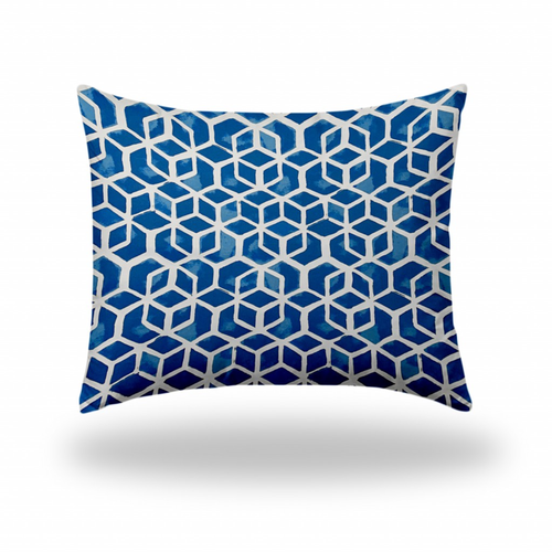 22" X 26" Blue And White Blown Seam Geometric Lumbar Indoor Outdoor Pillow