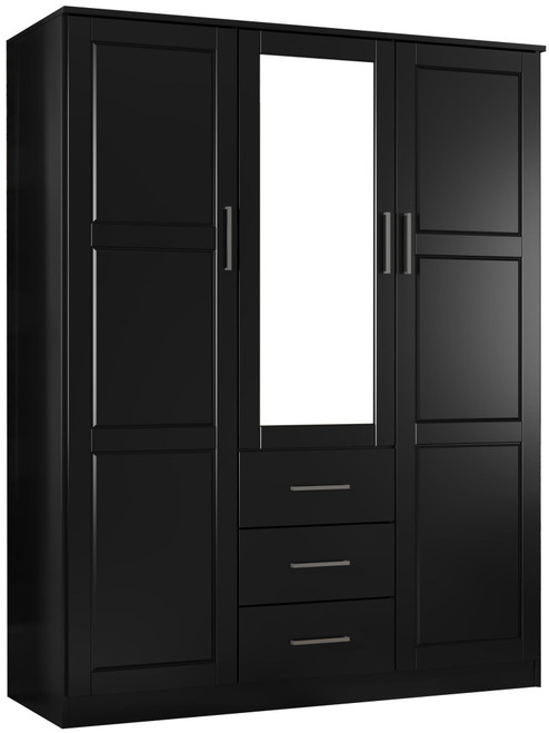 72" Black Solid Wood Mirrored Three Door Three Drawer Combo Dresser