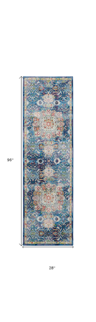 8' Navy Blue and Gold Floral Medallion Distressed Non Skid Runner Rug