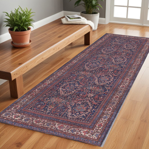 8' Red Blue And Tan Floral Power Loom Runner Rug