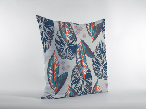 16 Blue Gray Tropical Leaf Indoor Outdoor Zippered Throw Pillow