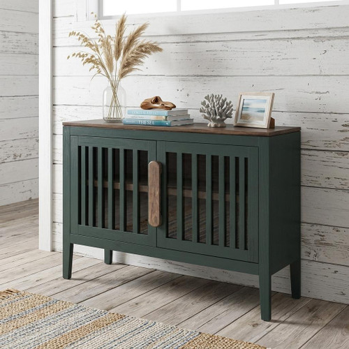 54" Green Distressed Wood Sideboard With Two Glass Doors