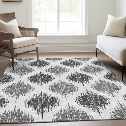 8' X 10' Gray Ivory And Charcoal Ikat Washable Indoor Outdoor Area Rug