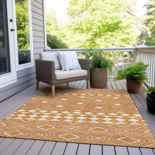 8' X 10' Orange And Ivory Geometric Washable Indoor Outdoor Area Rug