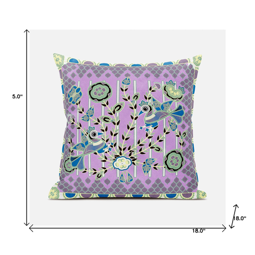 18" X 18" Purple and Black Peacock Broadcloth Floral Zippered Pillow