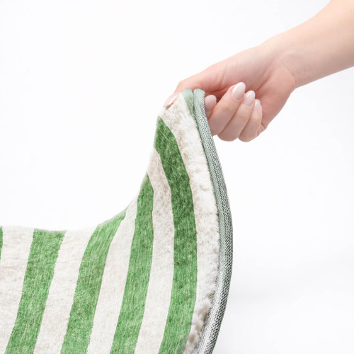 5' X 8' Green And Ivory Striped Shag Washable Area Rug With UV Protection