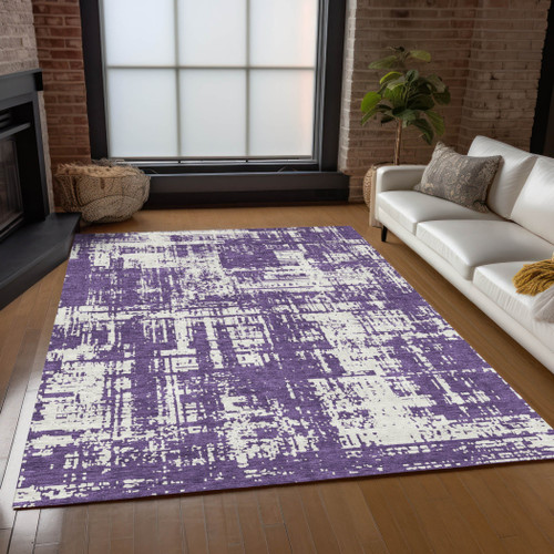 3' X 5' Purple And Ivory Abstract Washable Indoor Outdoor Area Rug