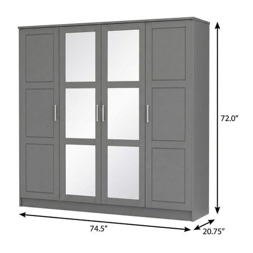 72" Gray Solid Wood Mirrored Four Door Combo Dresser