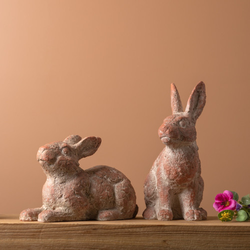 Set of Two Pink And Gray Resin Rabbit Statue