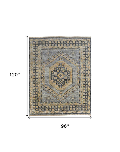 8' X 10' Blue Gray and Tan Wool Oriental Hand Knotted Area Rug With Fringe