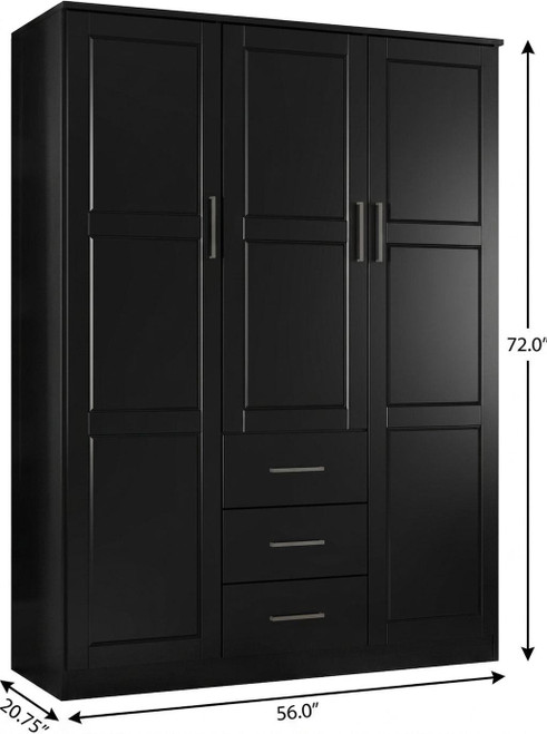 72" Black Solid Wood Three Door Three Drawer Combo Dresser