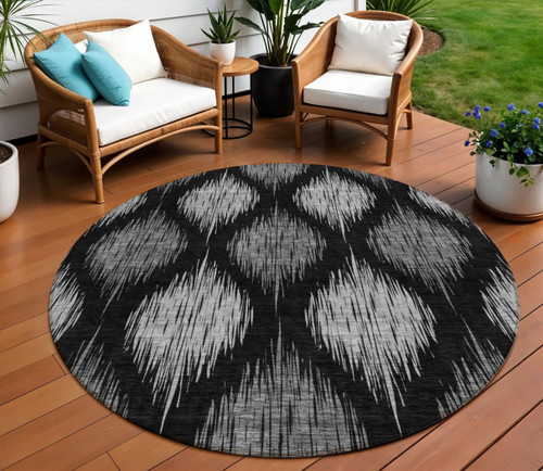8' Black Silver And Gray Round Ikat Washable Indoor Outdoor Area Rug