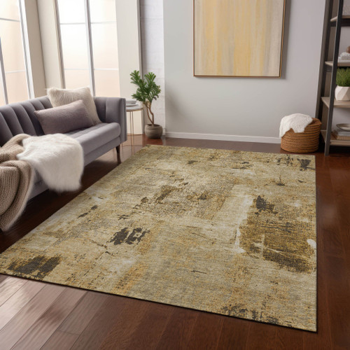 5' X 8' Beige And Brown Abstract Washable Indoor Outdoor Area Rug