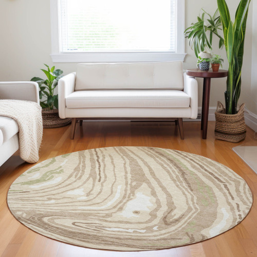 8' Beige Green And Brown Round Abstract Washable Indoor Outdoor Area Rug