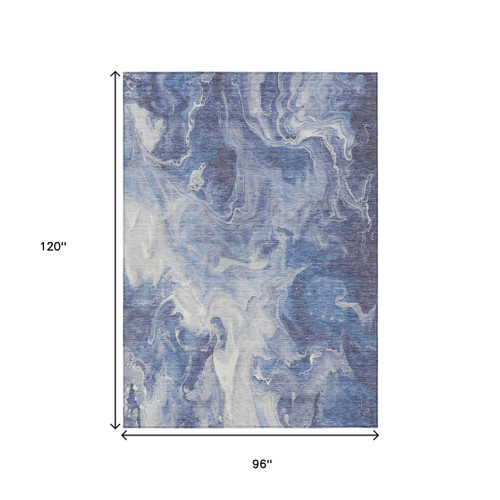 8' X 10' Navy Blue And Ivory Abstract Washable Indoor Outdoor Area Rug